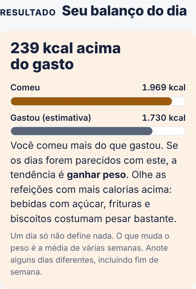 Tela do balanço do dia mostrando 1.969 kcal consumidas e 1.730 kcal gastas